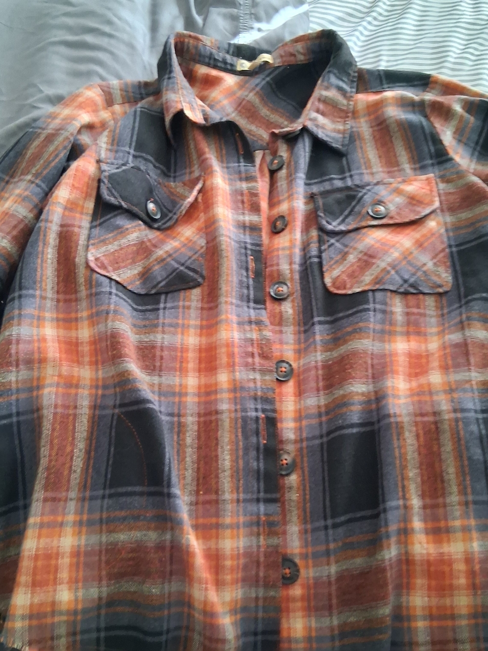 Democracy Orange and Dark Blue Plaid Button-Down Shirt